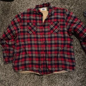 Wrangler Red and Navy Plaid Shirt with Sherpa Lining Flannel Jacket